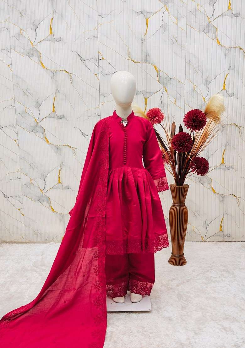 Red Embroidery Silk Gown Set For Girls - Indya