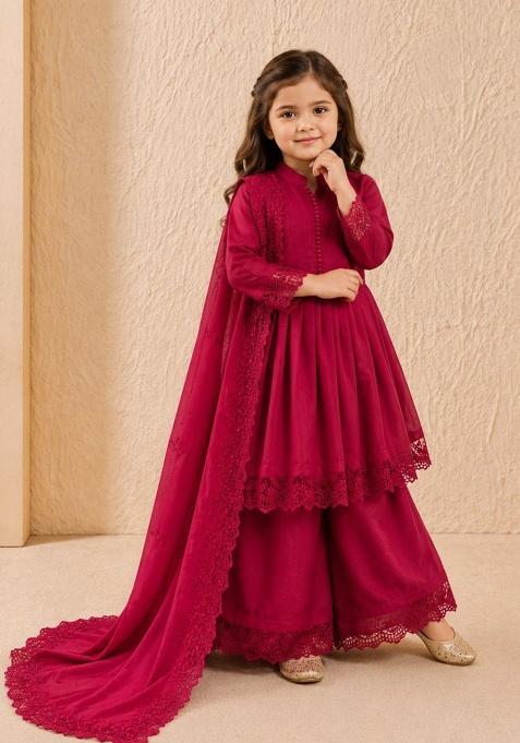 Red Embroidery Silk Gown Set For Girls