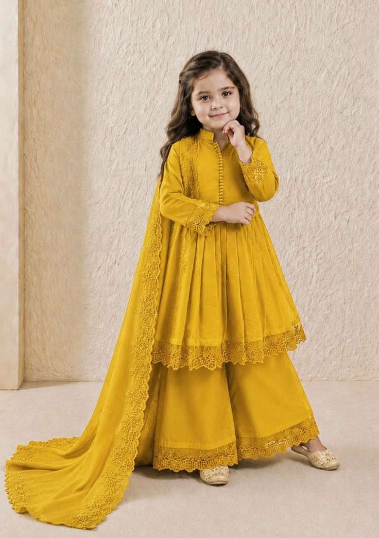 Yellow Embroidery Silk Gown Set For Girls - Indya