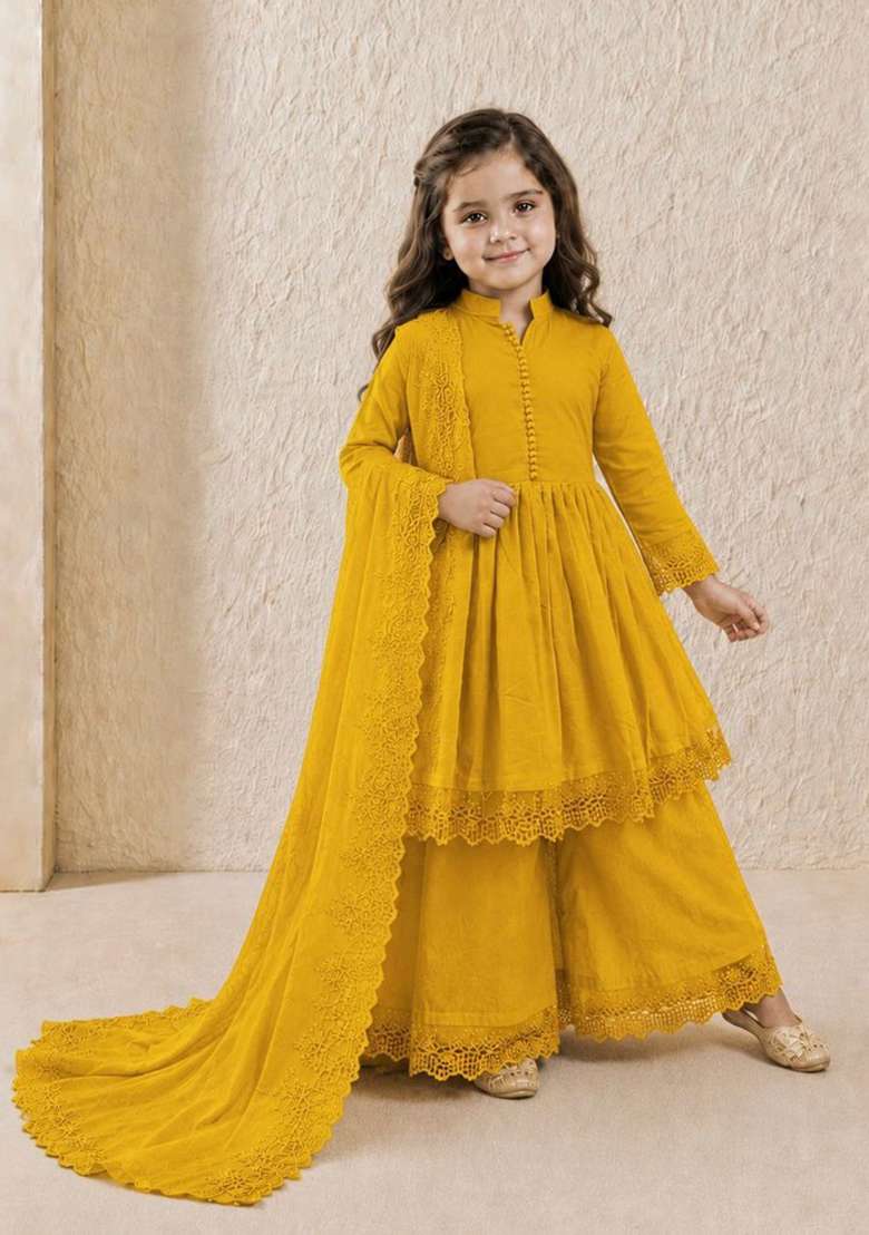 Yellow Embroidery Silk Gown Set For Girls - Indya
