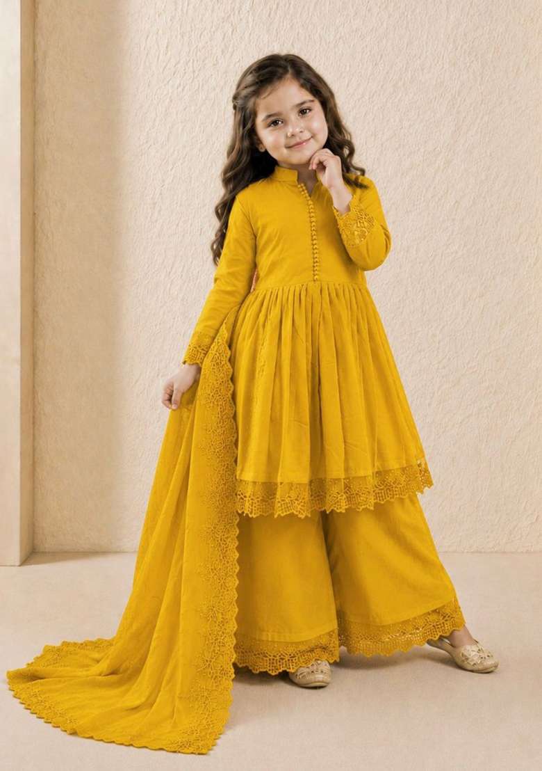 Yellow Embroidery Silk Gown Set For Girls - Indya