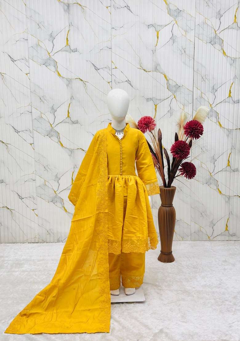 Yellow Embroidery Silk Gown Set For Girls - Indya