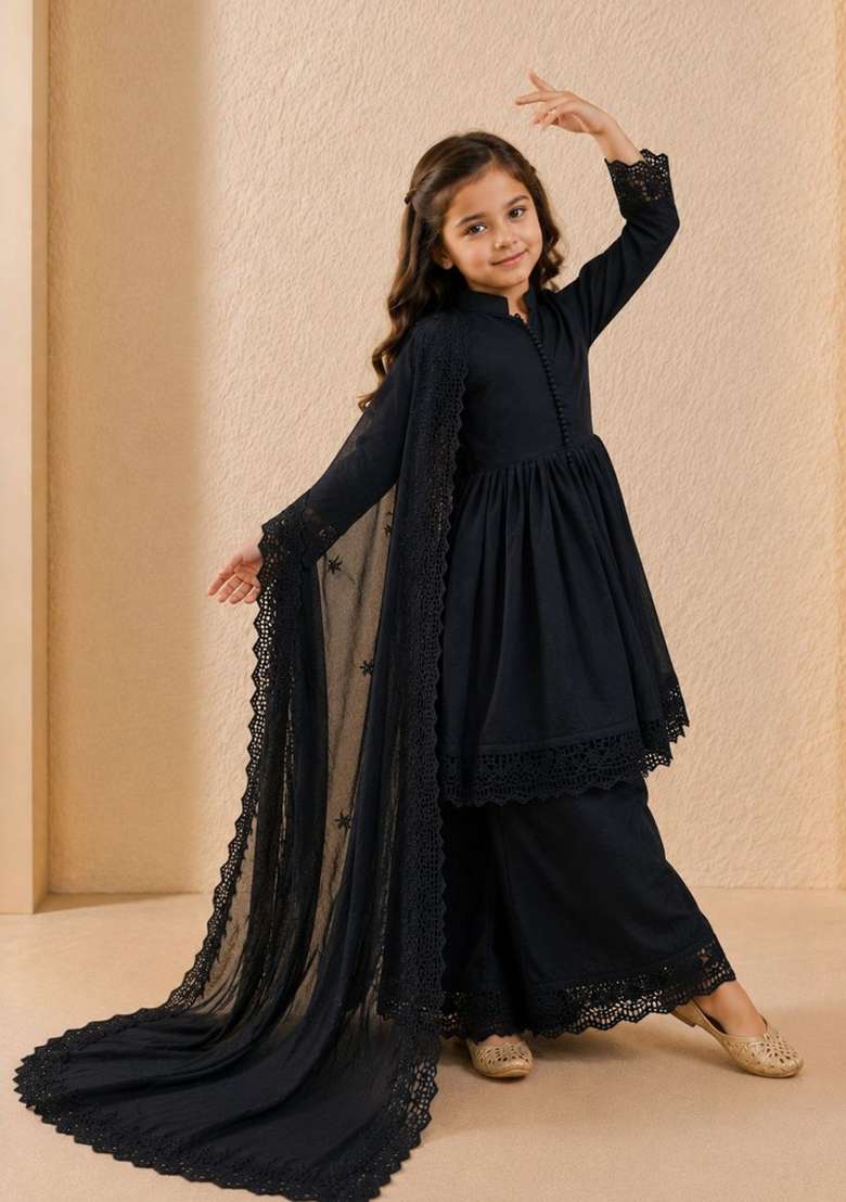 Black Embroidery Silk Gown Set For Girls - Indya