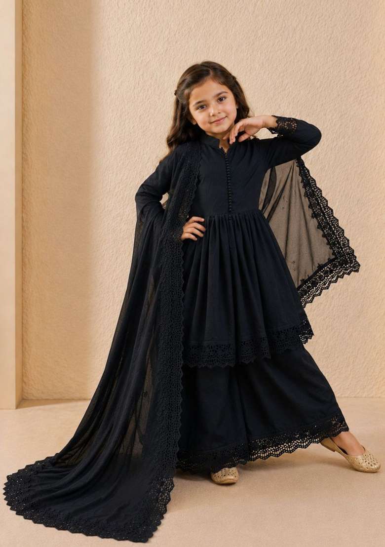 Black Embroidery Silk Gown Set For Girls - Indya