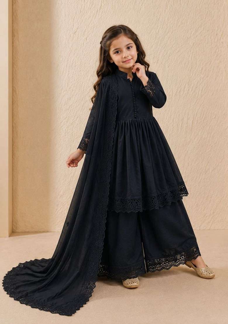 Black Embroidery Silk Gown Set For Girls - Indya