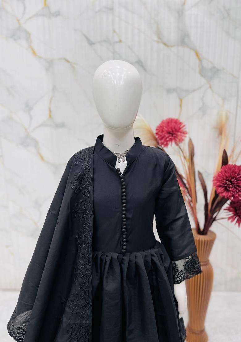 Black Embroidery Silk Gown Set For Girls - Indya