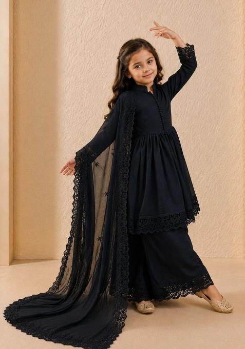 Black Embroidery Silk Gown Set For Girls