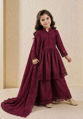 Maroon Embroidery Silk Gown Set For Girls