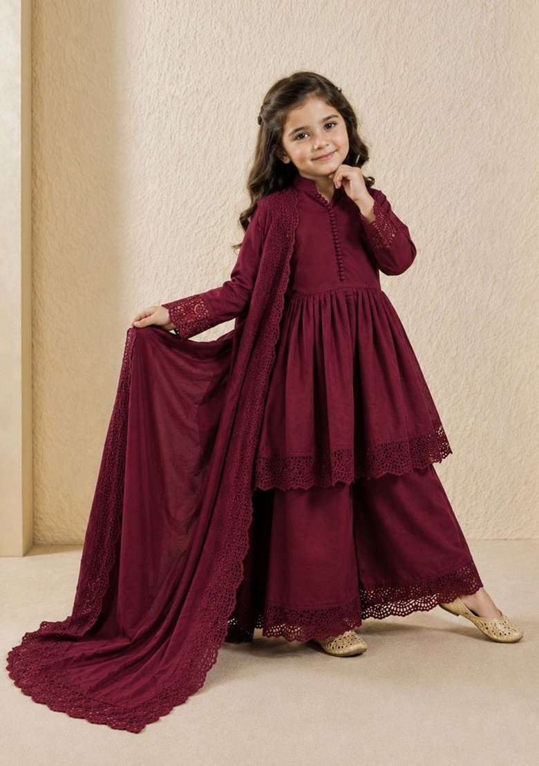 Maroon Embroidery Silk Gown Set For Girls - Indya