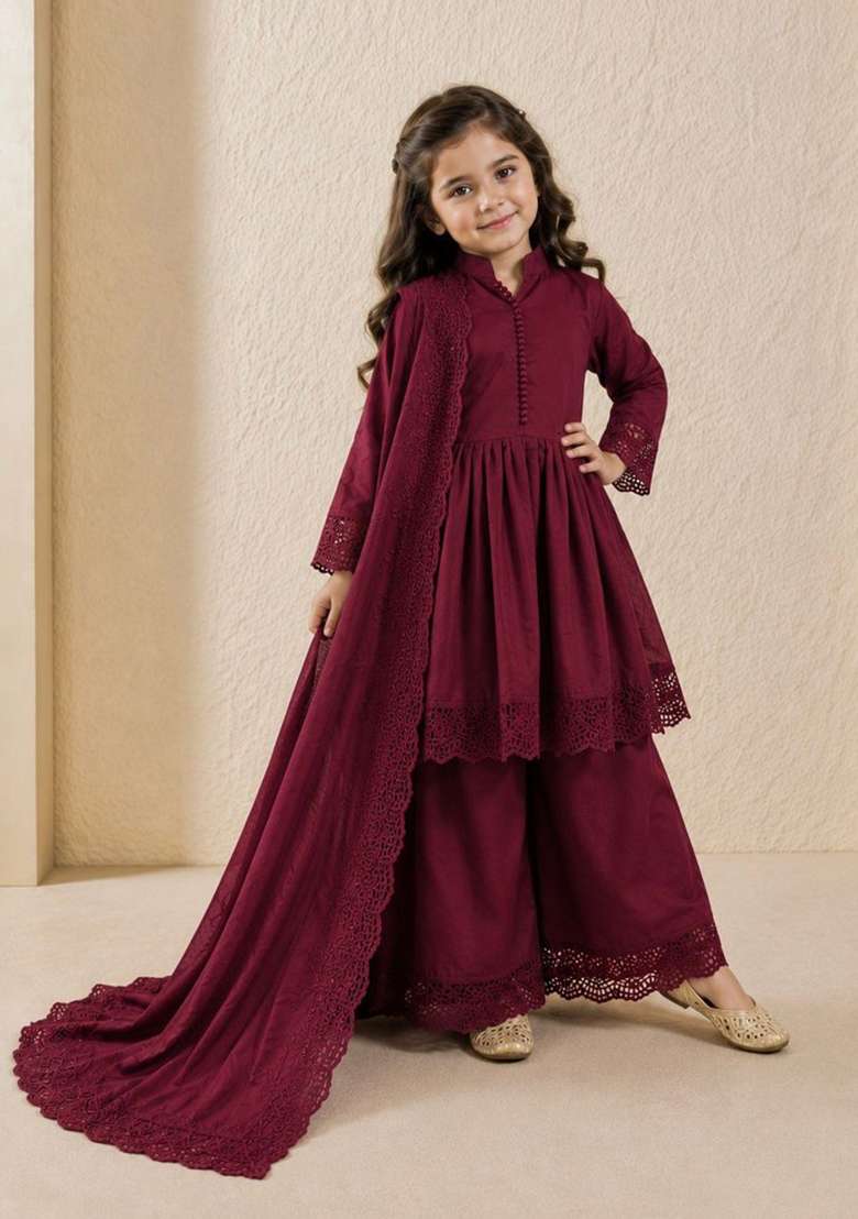 Maroon Embroidery Silk Gown Set For Girls - Indya