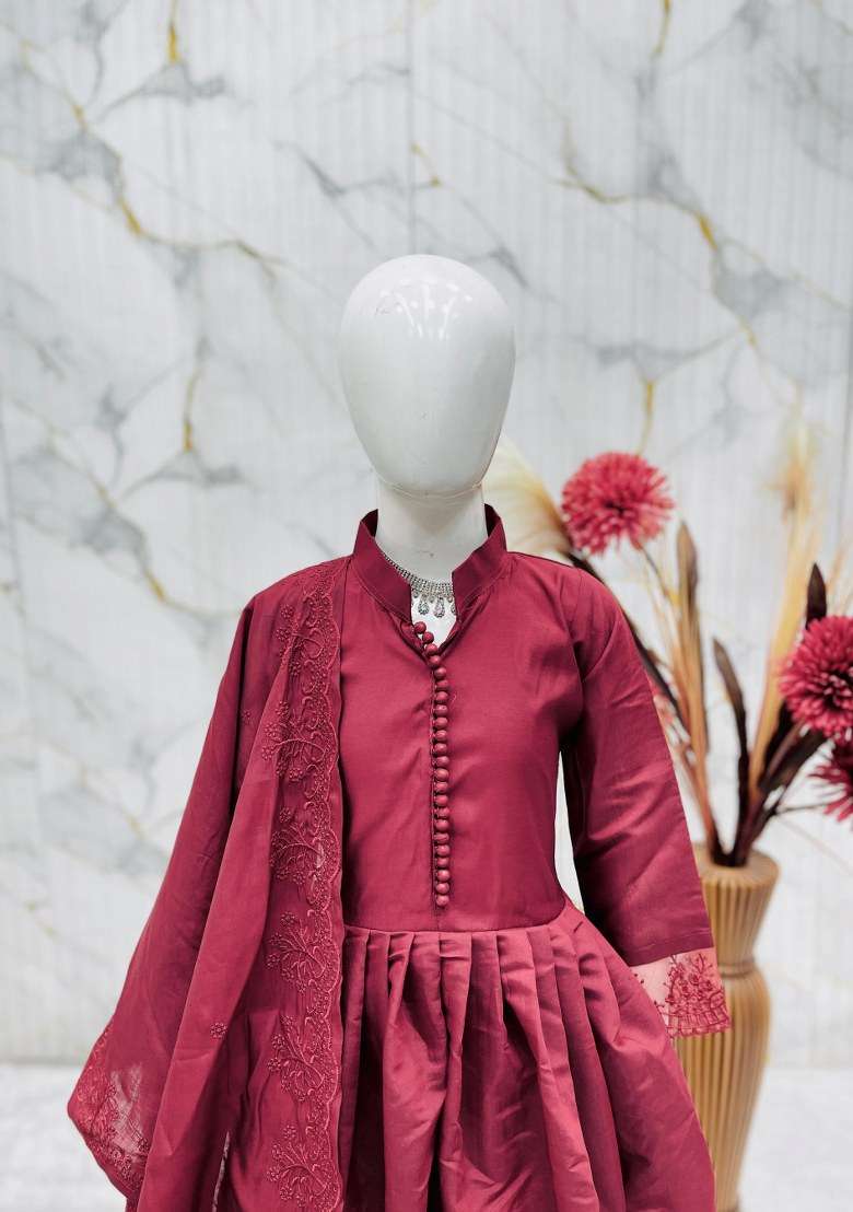 Maroon Embroidery Silk Gown Set For Girls - Indya