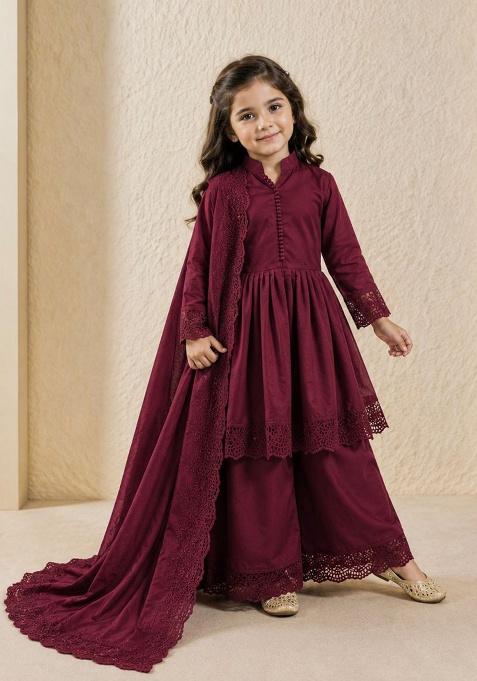 Maroon Embroidery Silk Gown Set For Girls