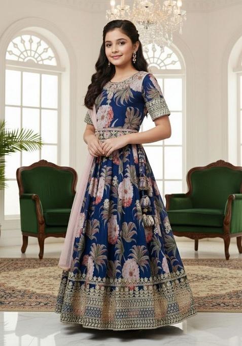 Navy Blue Embroidery Georgette Gown Set For Girls