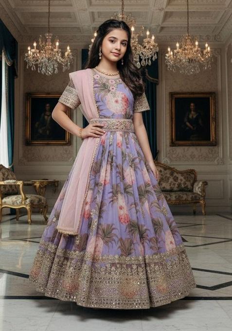 Lavender Embroidery Georgette Gown Set For Girls