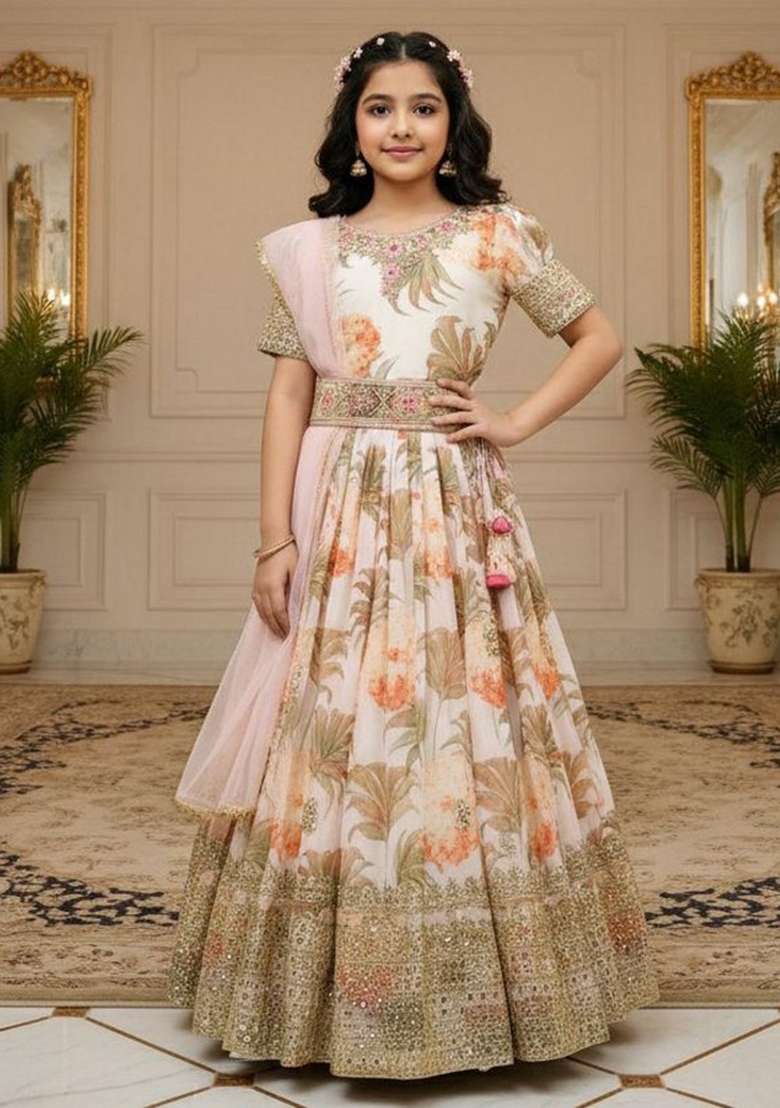 White Embroidery Georgette Gown Set For Girls - Indya