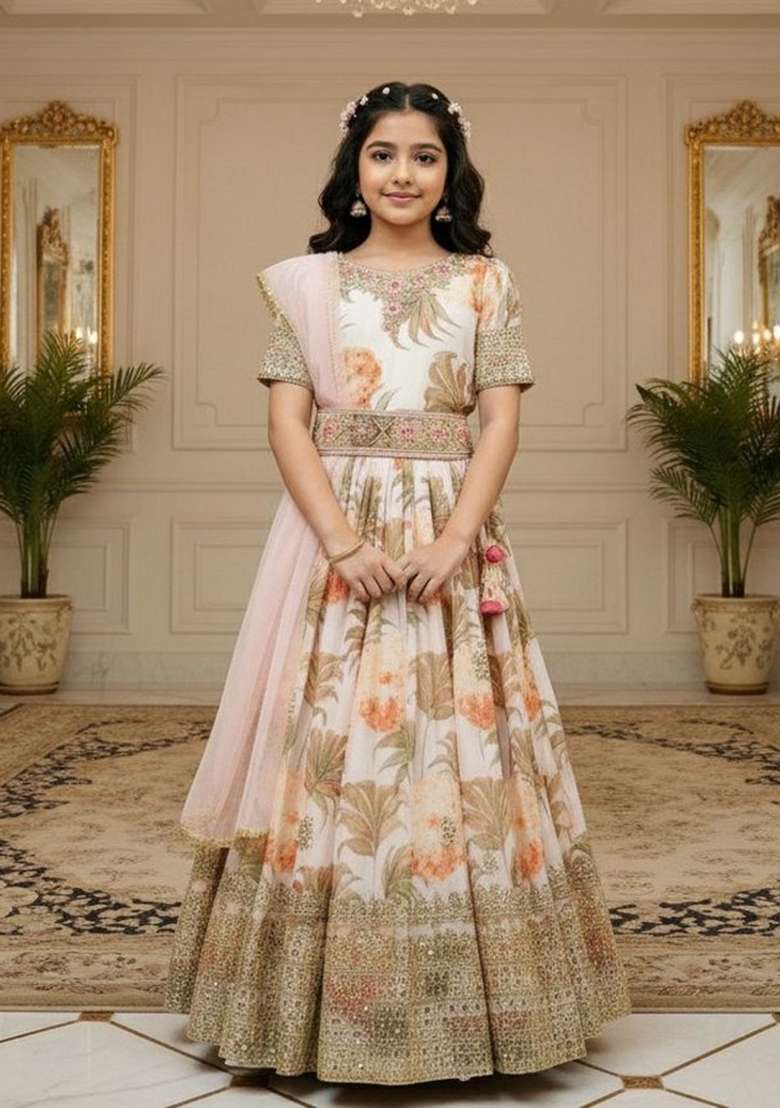 White Embroidery Georgette Gown Set For Girls - Indya