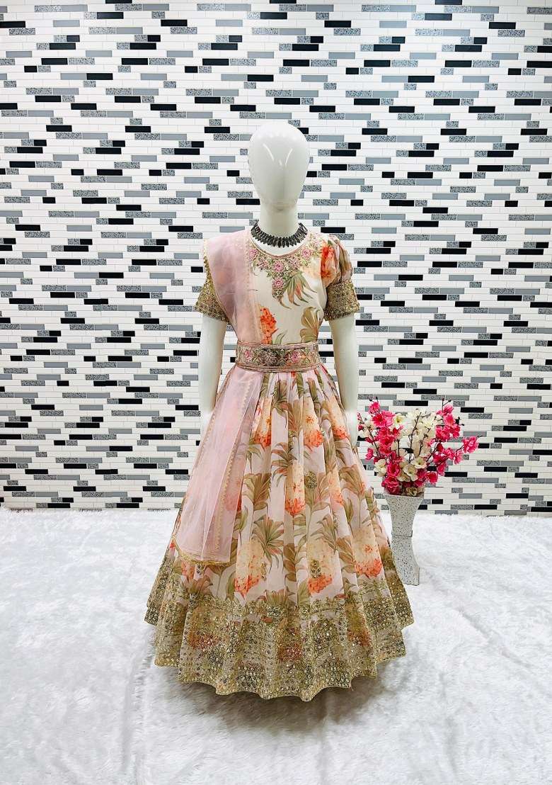 White Embroidery Georgette Gown Set For Girls - Indya