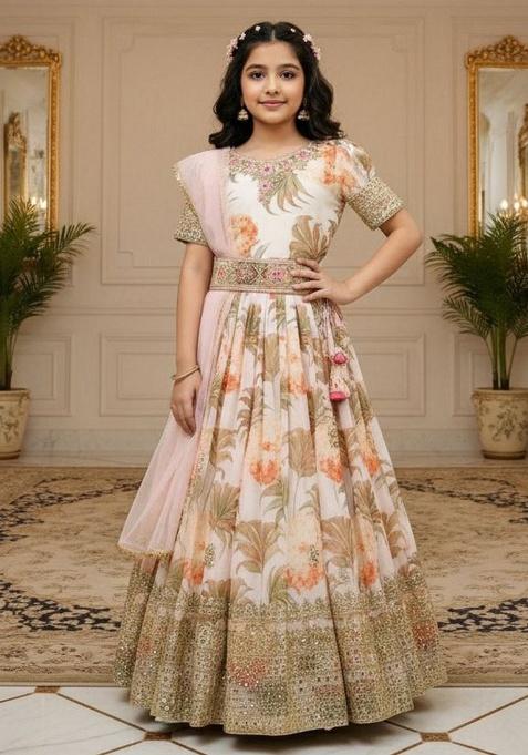 White Embroidery Georgette Gown Set For Girls