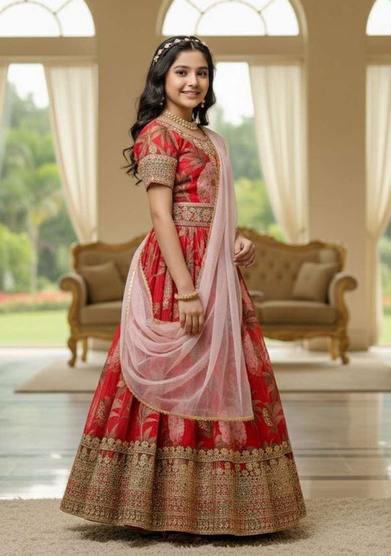 Red Embroidery Georgette Gown Set For Girls - Indya