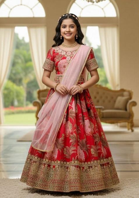 Red Embroidery Georgette Gown Set For Girls