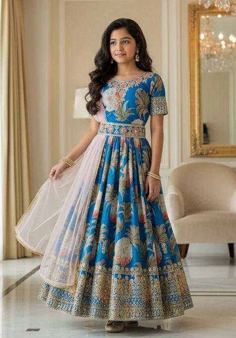 Turquoise Embroidery Georgette Gown Set For Girls