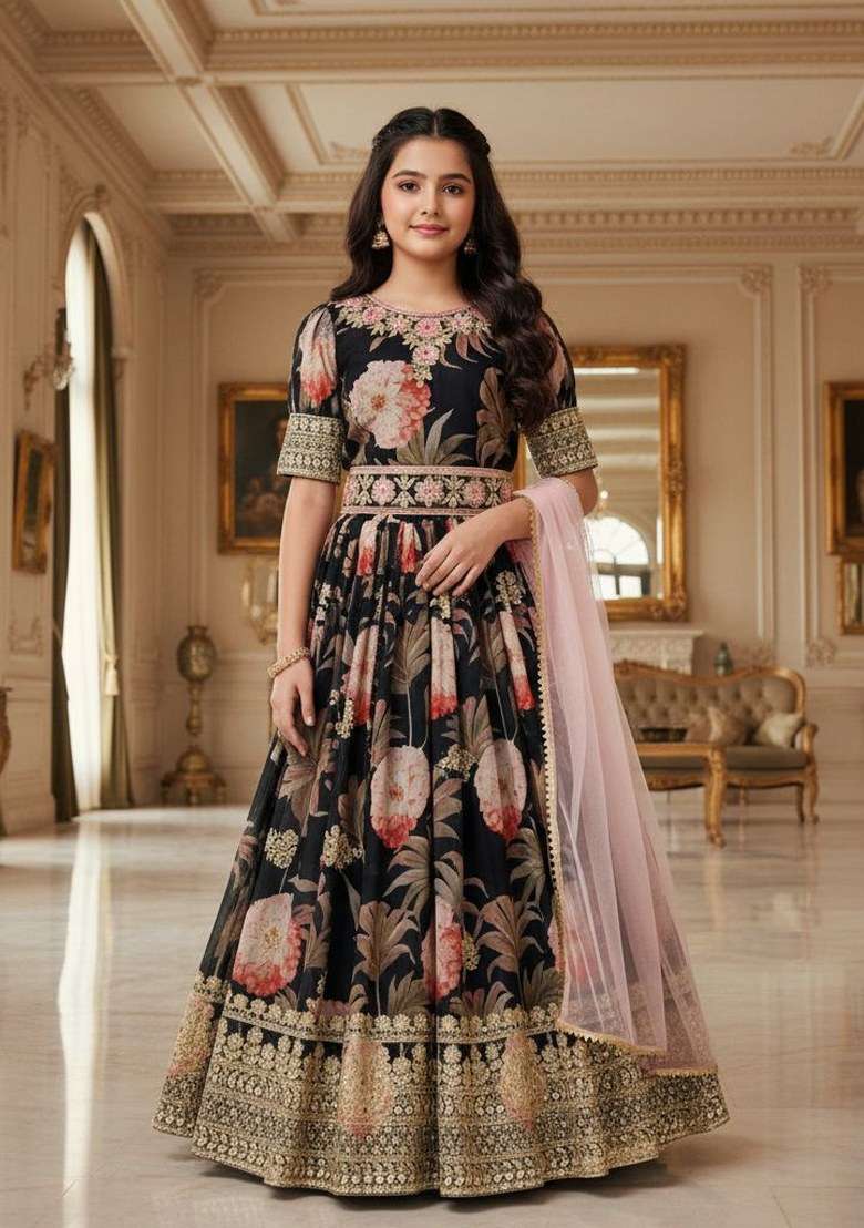 Black Embroidery Georgette Gown Set For Girls - Indya