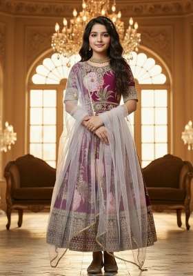Wine Embroidery Georgette Gown Set For Girls