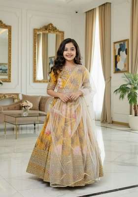 Yellow Embroidery Georgette Gown Set For Girls