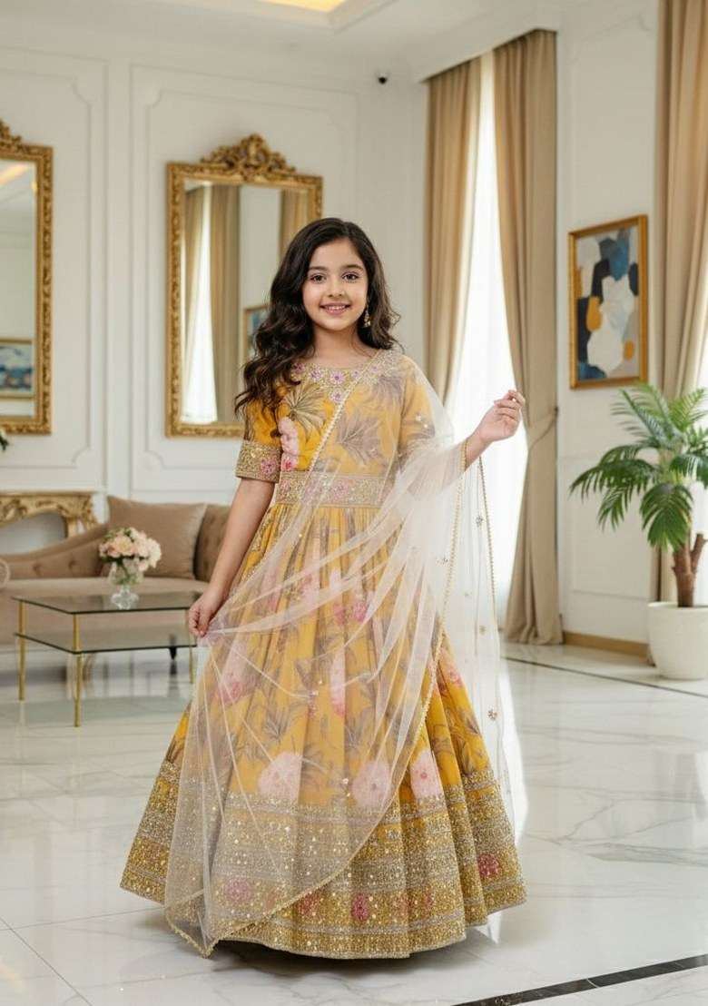 Yellow Embroidery Georgette Gown Set For Girls - Indya