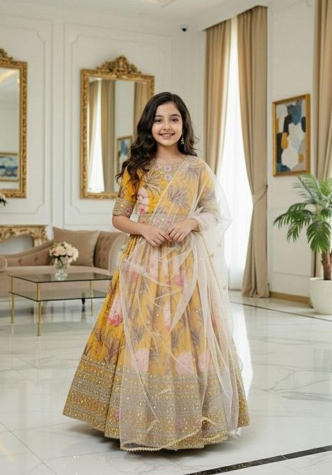Yellow Embroidery Georgette Gown Set For Girls