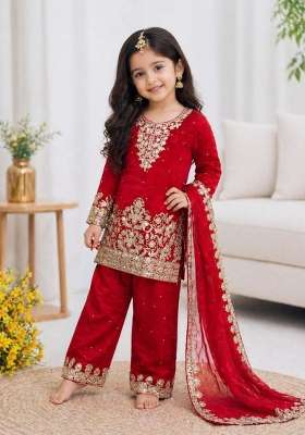 Vibrant Festive Red Embroidery Net Palazzo Set For Girls