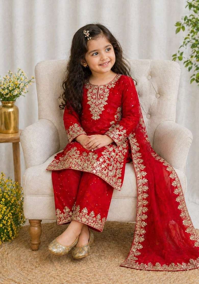 Vibrant Festive Red Embroidery Net Palazzo Set For Girls - Indya