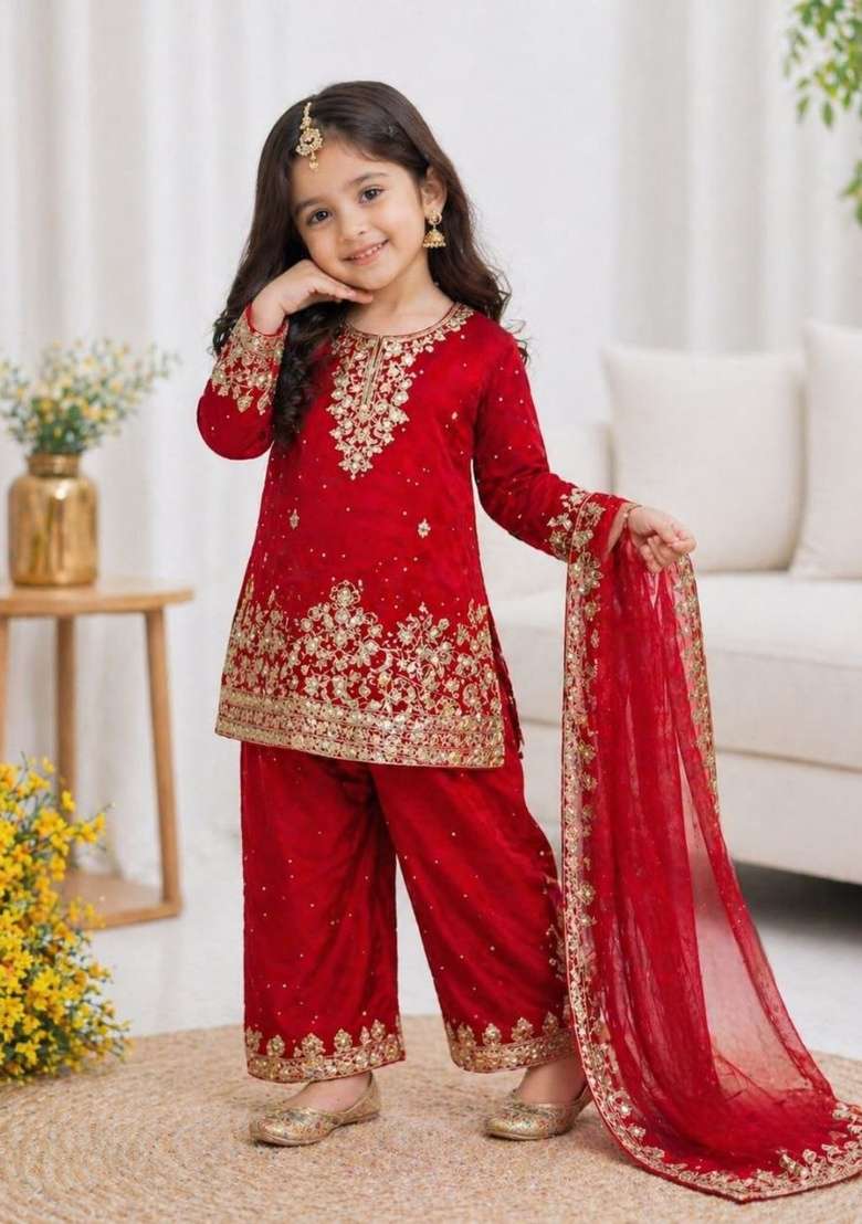 Vibrant Festive Red Embroidery Net Palazzo Set For Girls - Indya