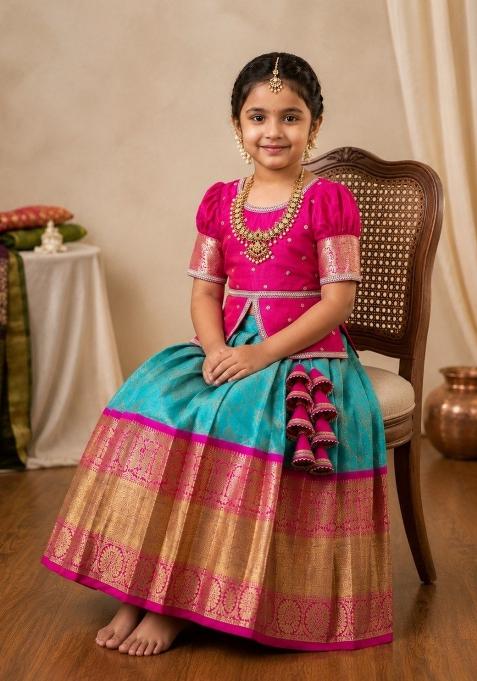 Pink Firoji Weaving Silk Lehenga Set For Girls
