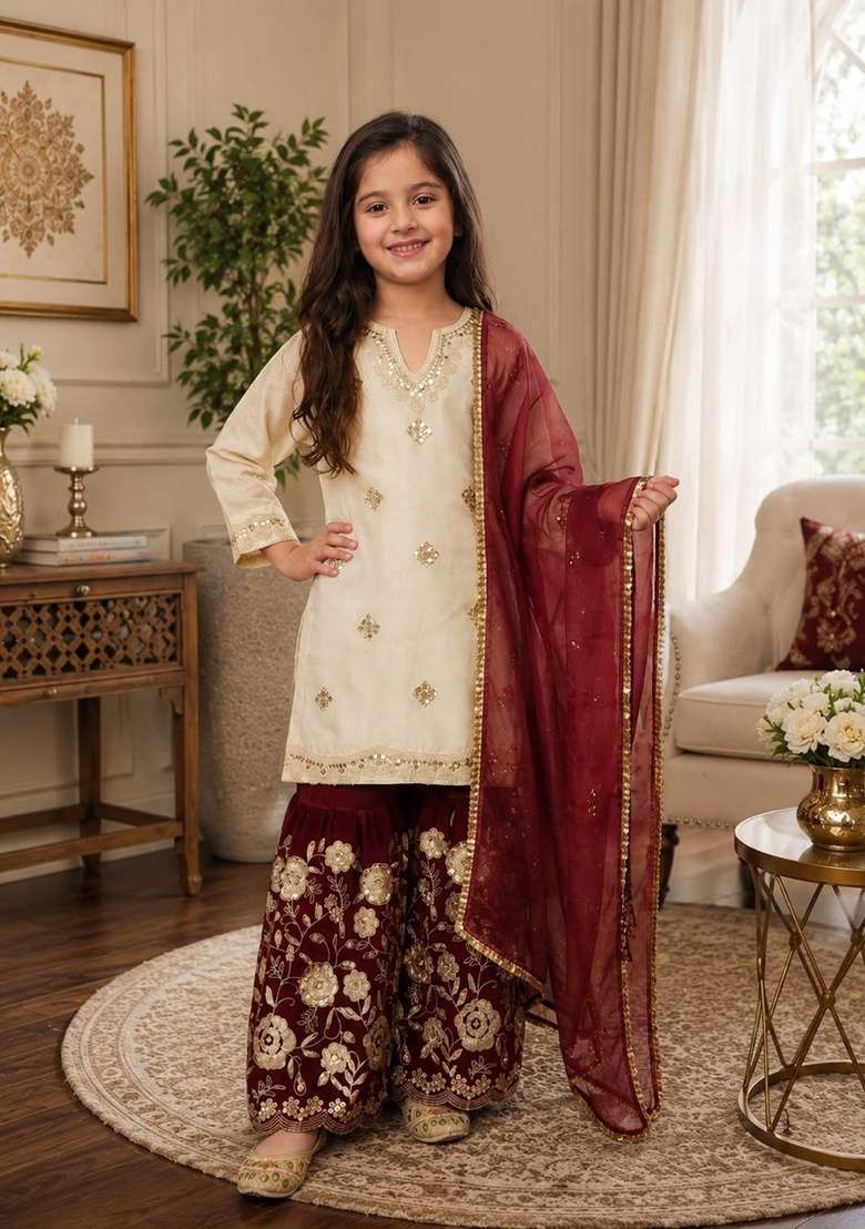 Off White And Maroon Embroidery Silk Sharara Set For Girls - Indya