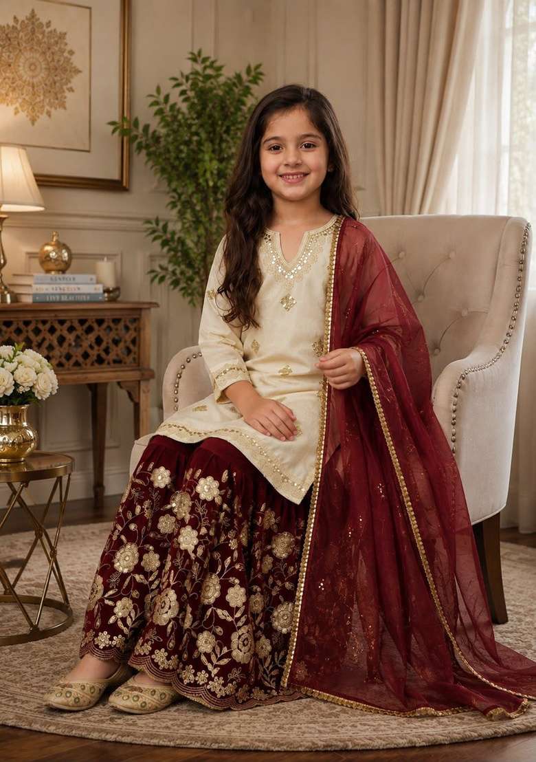 Off White And Maroon Embroidery Silk Sharara Set For Girls - Indya