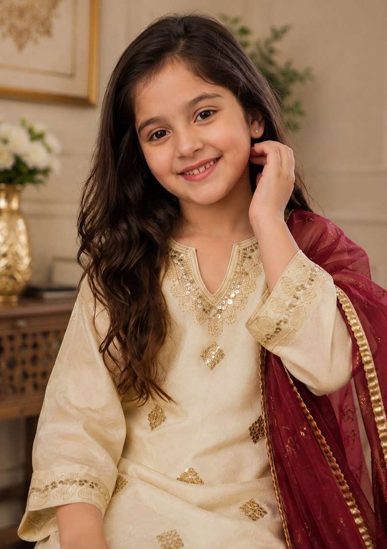Off White And Maroon Embroidery Silk Sharara Set For Girls - Indya