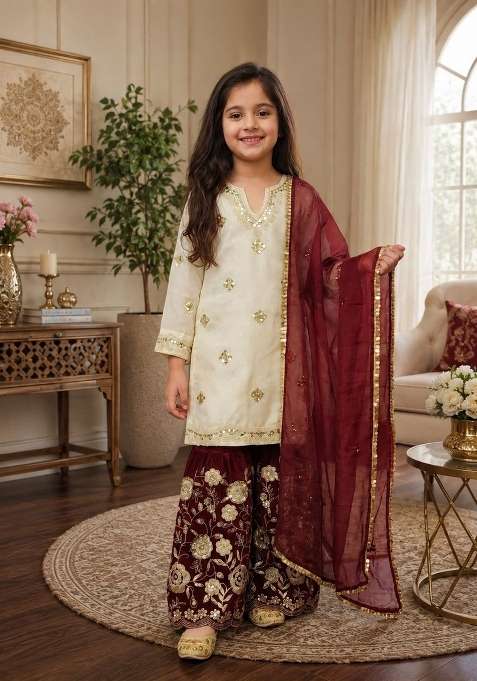 Off White And Maroon Embroidery Silk Sharara Set For Girls