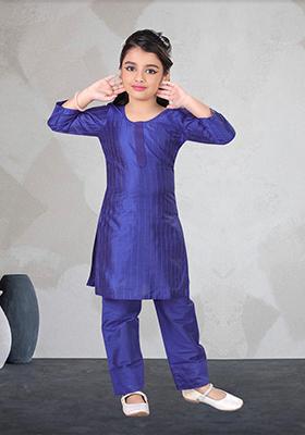 Blue Printed Cotton Blend Kurta Set For Girls