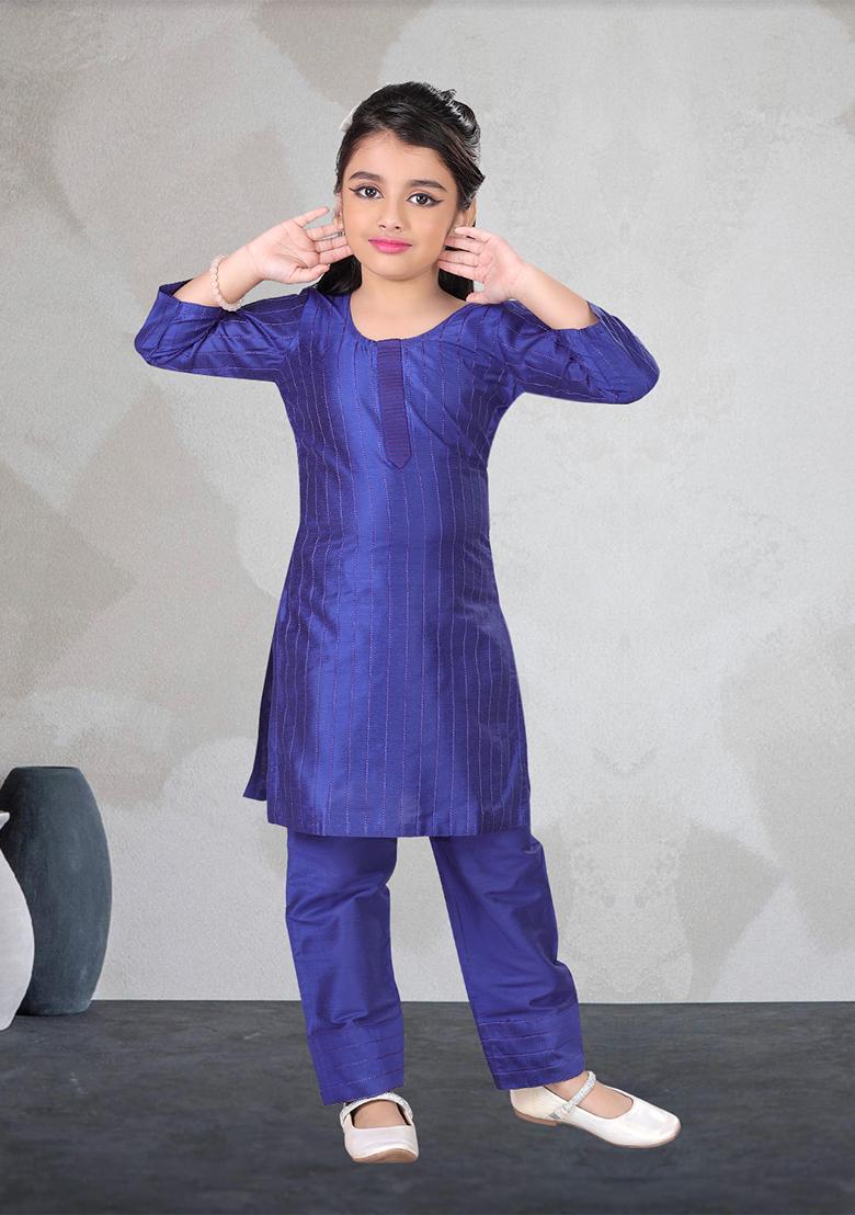 Blue Printed Cotton Blend Kurta Set For Girls