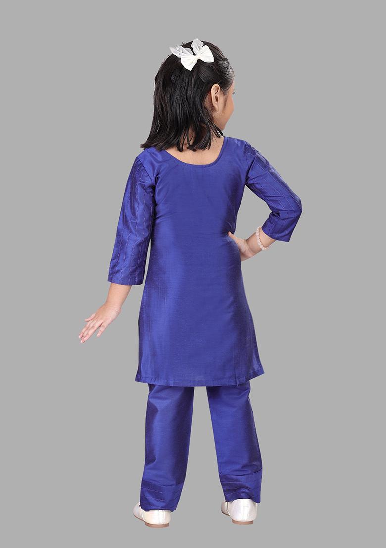 Blue Printed Cotton Blend Kurta Set For Girls