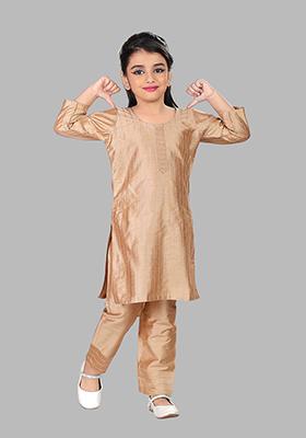 Gold Printed Cotton Blend Kurta Set For Girls