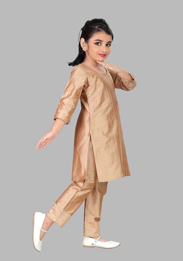 Gold Printed Cotton Blend Kurta Set For Girls