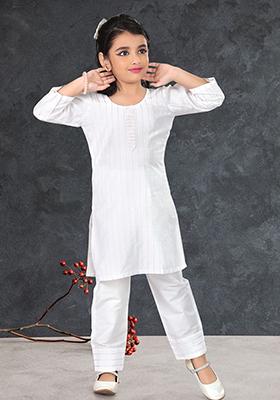 White Printed Cotton Blend Kurta Set For Girls