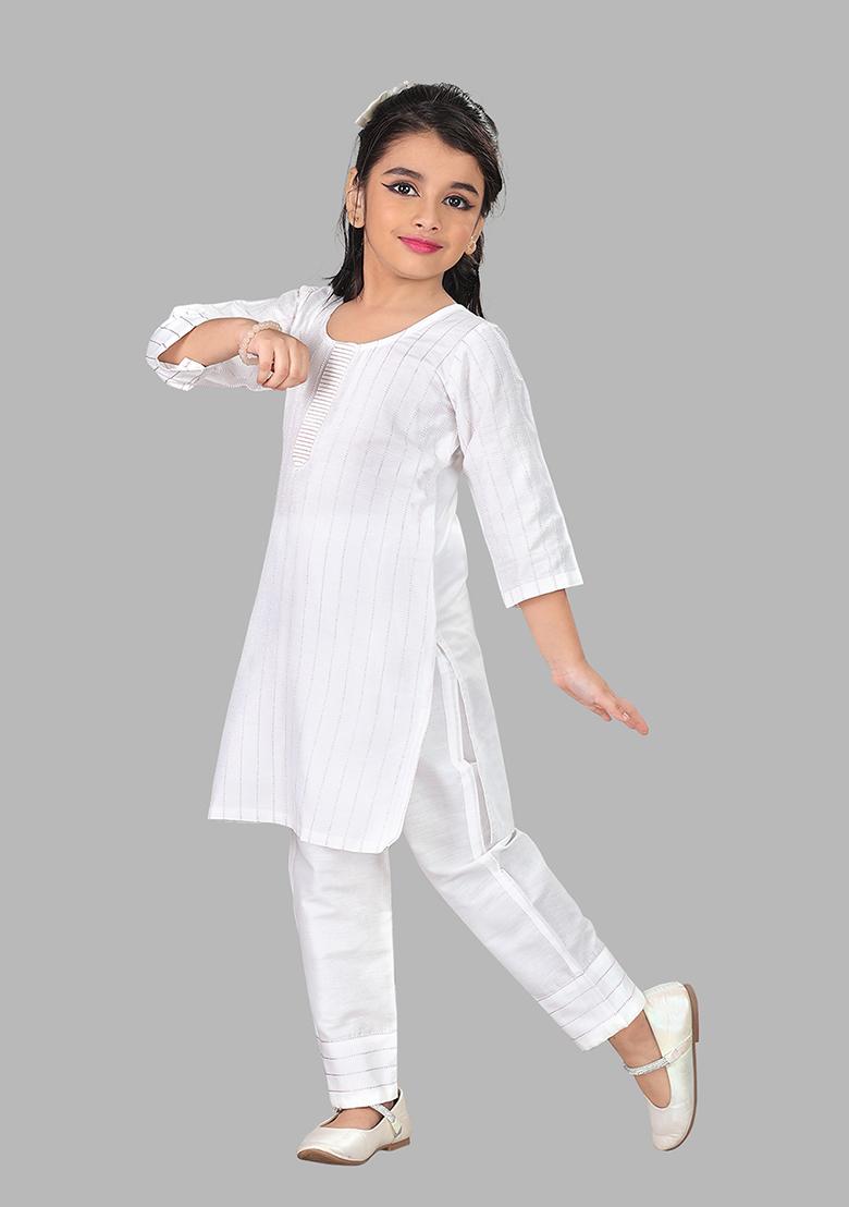White Printed Cotton Blend Kurta Set For Girls