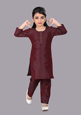 Wine Printed Cotton Blend Kurta Set For Girls