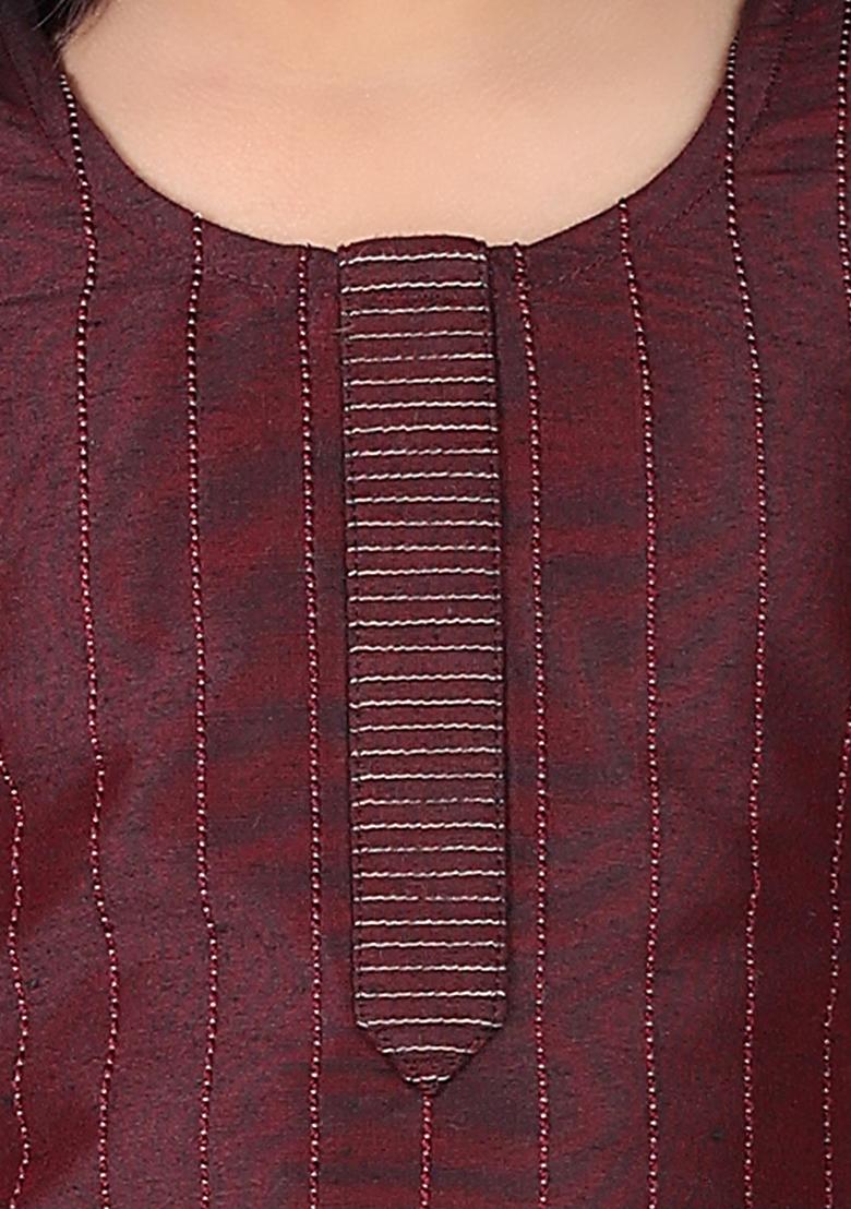 Wine Printed Cotton Blend Kurta Set For Girls