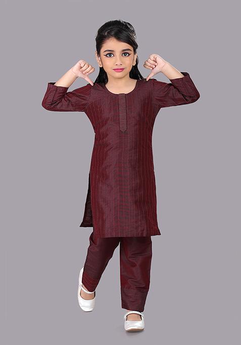 Wine Printed Cotton Blend Kurta Set For Girls