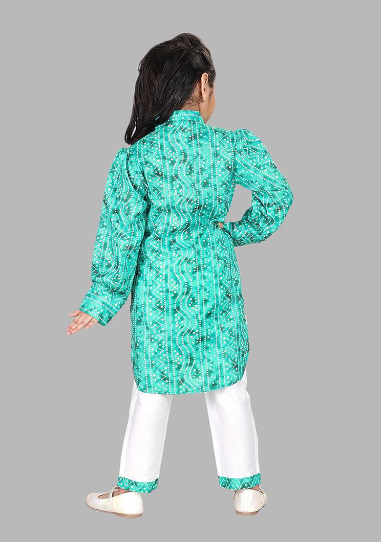 Green Printed Cotton Blend Kurta Set For Girls - Indya