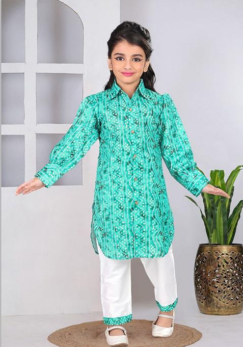 Green Printed Cotton Blend Kurta Set For Girls